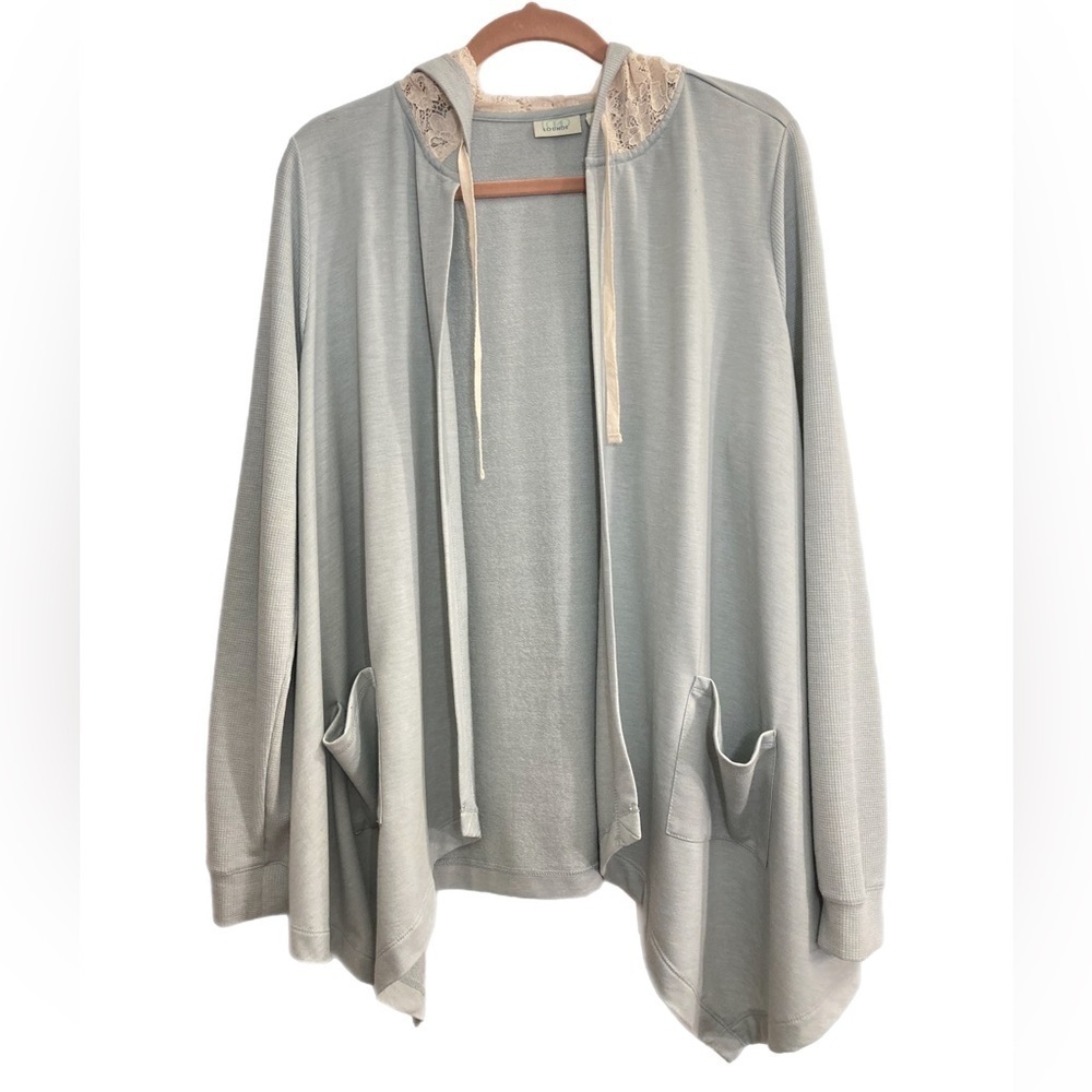 LOGO Lounge powder blue handkerchief hem front cardigan w/ lace hood